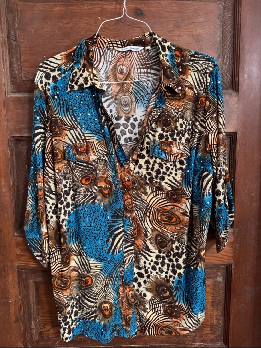 Vintage-Inspired Blue & Brown Print Button-Up Top - Emily Daniels 1X